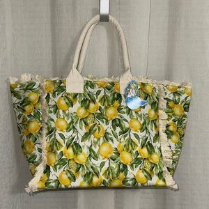 La Divina La Divina Ivory White Yellow Green Italy Lemon Print Fringe Tote Bag